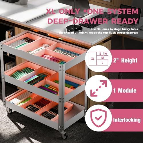 [6 PCS Extra-Large] Pink Drawer Organizer Trays with Non-Slip Pads, Interlocking Storage Bins for Vanity, Desk, Bathroom, Kitchen, Home Office and Utility Drawers