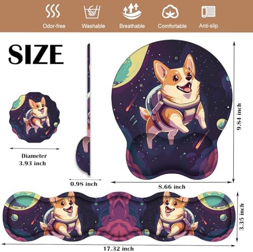 Keyboard Wrist Rest and Mouse Pad Wrist Support with Lace-Shaped Coaster Set, Ergonomic Gel Memory Foam and Anti-Slip Base, Easy Typing and Pain Relief - Space Corgis