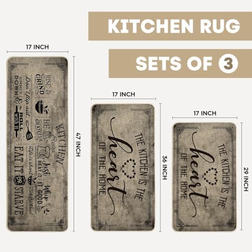Artoid Mode Kitchen Quotes Kitchen Mats Set of 3, Seasonal The Kitchen is The Heart of The Home Cooking Sets Holiday Party Low-Profile Floor Mat - 17"x29"+17"x36"+17"x47"