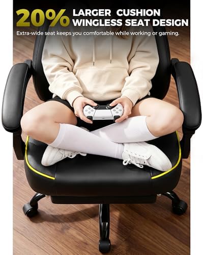 GTPLAYER Big and Tall Gaming Chair with Footrest, High Back Ergonomic Office Chair for Adults, Heavy Duty 350 lbs Capacity, Premium Leather & Iridescent Trim, ACE-Armor, Yellow