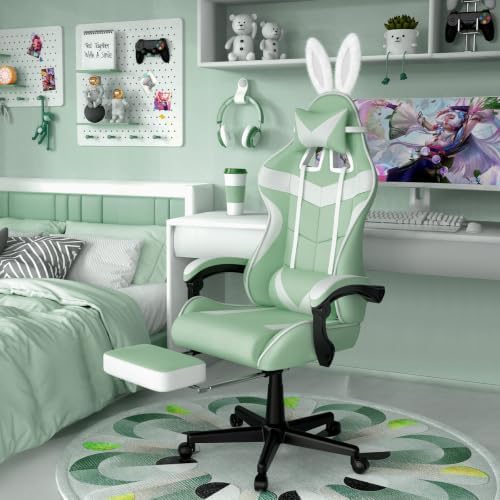 Huracan Gaming Chair with Footrest, Ergonomic Computer Chair Lumbar Support, Adjustable High Back Recliner for Adults, Racing Style Video Gaming Chairs, for Home Office Streaming, Light Green
