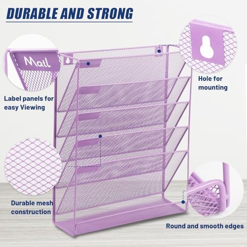 EASEPRES Desk File Organizer Mesh 6 Tier, Hanging Wall Mount Document Organization Stand, Desktop Vertical Mail Paper Folder Holder Rack with Bottom Tray for Office Home Cubicle, Light Purple