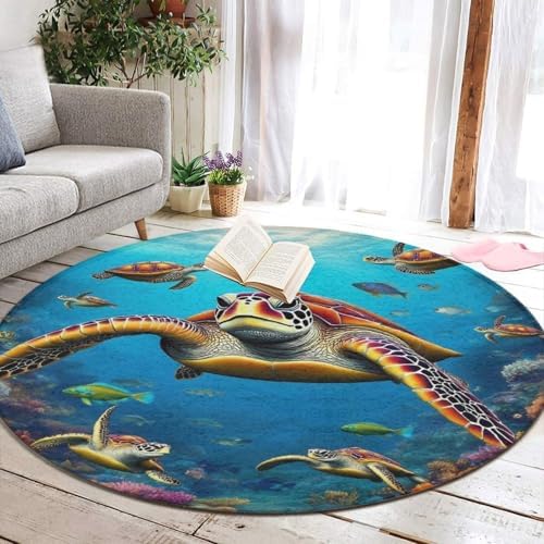 Soft Round Yoga Carpet, Office Chair Decor Round Mat for Carpet and Hardwood Floors Sea Turtle
