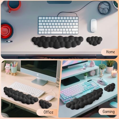 Keyboard Wrist Rest Mouse Wrist Support Set, Cloud Keybroad Wrist Rest Pad with Non-Slip PU Base, Memory Foam Wrist Rest for Pain Relief Computer Laptop Gaming Home Office, Black