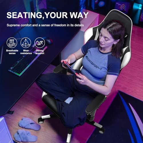 GTPLAYER Gaming Chair with Footrest, Ergonomic Computer Game Desk Chair, Reclining Gamer Chair Seat Height Adjustment, Swivel Rocker with Headrest and Lumbar (White)