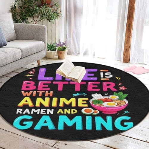 Women's Large Home Decor Mat, Soft Round Yoga Carpet, Non Slip Machine Washable Home Office Circle Rug Life is Better with Anime Ramen Gaming