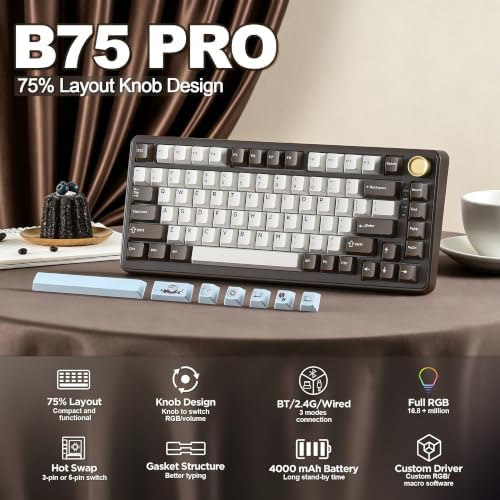 YUNZII B75 PRO 75% Wireless Mechanical Keyboard (Coffee Brown, MilkV2)