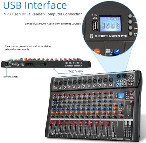 Depusheng Audio Mixer Professional 12 channel,DX12 Sound Board DJ Mixing Console System Interface USB MP3 Input Bluetooth 48V Phantom Power,Black, USB Audio Mixer for PC,for Studio Karaoke Live Music