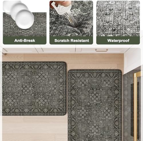 KIMODE Anti Fatigue Kitchen Mats,Boho Vintage Kitchen Floor Mats Green Grey