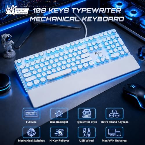 RK ROYAL KLUDGE S108 Typewriter Mechanical Keyboard, Retro Wired Gaming Keyboard with Number Pad and Detachable Wrist Rest, 108 Keys Full Size PC Game Keyboards, Clicky Blue Switch, Blue Backlit White