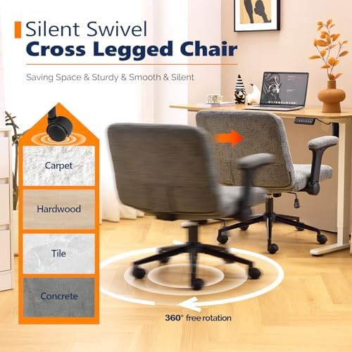 VINGLI Criss Cross Chair with Adjustable Flip-Up Arms,Cross Legged Chair with Wheels, Extra Wide Office Chair,Cozy Desk Chair for Home Office, Vanity, Apartment,Chenille Velvet,Grey