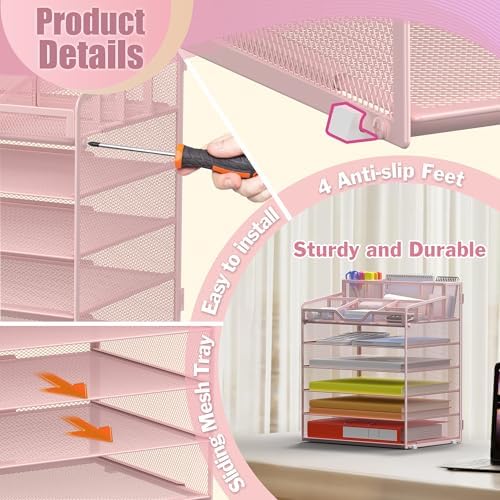 Docnest 6 Tier Mesh Desk Organizer with Letter Tray & Paper Sorter, Pink