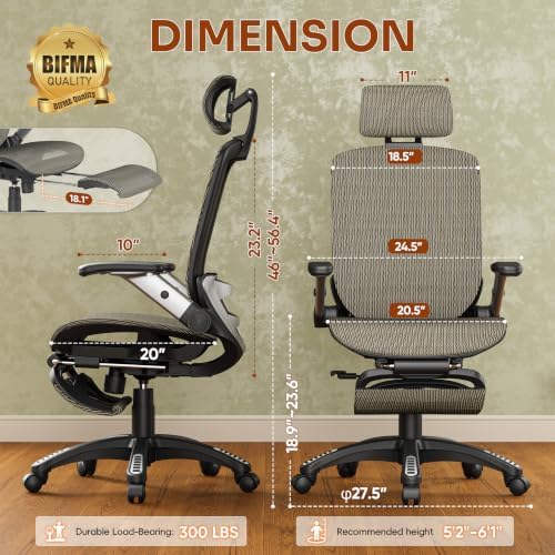 Ergonomic Office Chair with Footrest – High Back Executive Mesh Desk Chair for Corporate & Home, 135° Recline Task Computer Chair with Flip-Up Arms, Wide Seat, Class-4 Cylinder, 300 LBS - GY01BC-FT