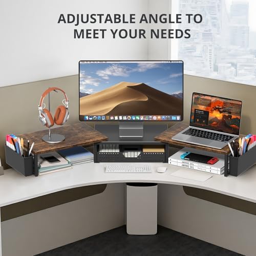 OPNICE Desk Organizers and Accessories, Dual Monitor Stand Riser with Drawer and 2 Pen Holders, Desk Shelf Printer Stand for Office Workspace Organizers, Desktop Organization (Rustic Brown)
