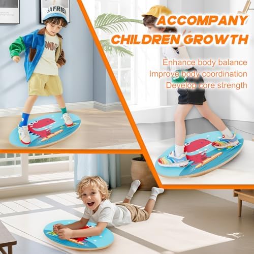 Balance Board for Kids, Wooden Wobble Rocker Board for Children, Capable of Bearing 123LB, Durable for Balance Training, Core Strength and Active Play, Bright Blue Monkey Pattern