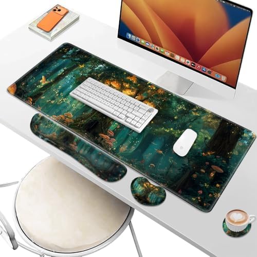 Desk Pad and Keyboard Wrist Rest, Large Mouse Pad + Keyboard Pad+Mouse Wrist Support, Non-Slip Desk Mat Protector for Office, Home 31.5×11.8 Inches Green Forest