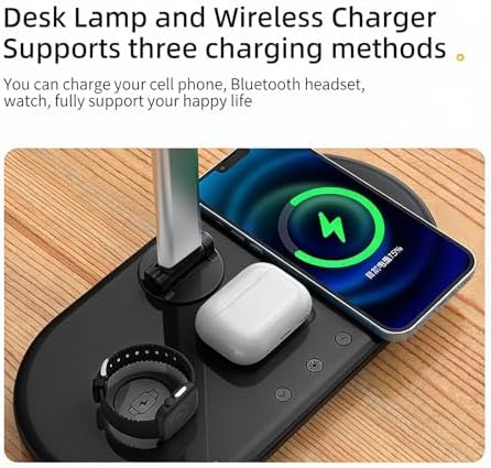 IHAO 3in1 Wireless Charging Eye-Care Desk Lamp 15W Fast Charging Station for Phone, Smartwatch & Earbuds, Touch Control Dimmable LED Light Adjustable Gooseneck, Modern Office Table Lamp-HYT2096 Black