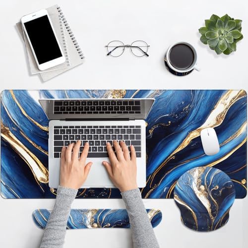 Britimes Keyboard Mouse Pad Set, 4 in 1 Desk Mat Set, Marble Blue