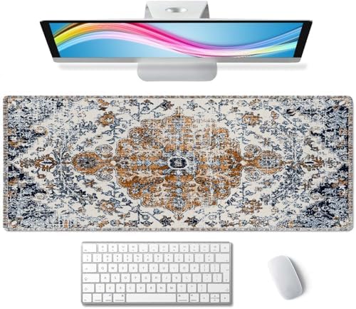 Mouse Pad Gaming, Large Mouse Pads, Non-Slip Rubber Base Mousepad, Keyboard Mouse Mat Desk Pad with Stitched Edges, 31.5x11.8 inch Carpet Pattern Boho Style Ethnic Design Orange Blue