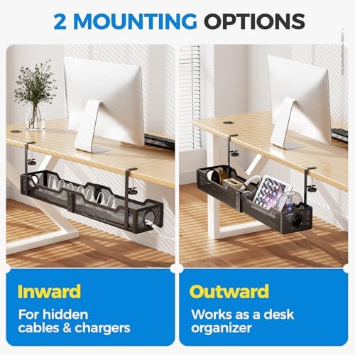 [Upgraded] 25" Extra Large Under Desk Cable Management, Cinati Wire Organizers No Drill, Cable Tray with Clamp for Wire Management, Cord Organization Box for Office, Home - No Damage to Desk(Black)