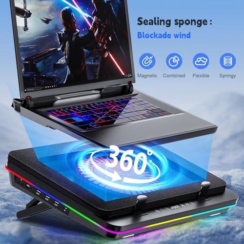 IETS GT600 RGB Laptop Cooling Pad Equipped with Gigantic Turbo-Fan（5.5inch Diameter）,Sealed Foam for Rapid Cooling Gaming Laptop,14.1-19.3 inch Laptop Cooler with 3-Port USB Hub,Dust Filter