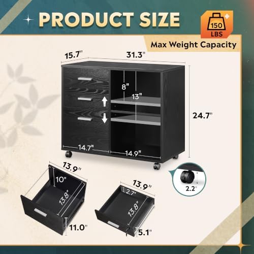 DEVAISE Wood File Cabinet, 3 Drawer Lateral Filing Cabinet Black