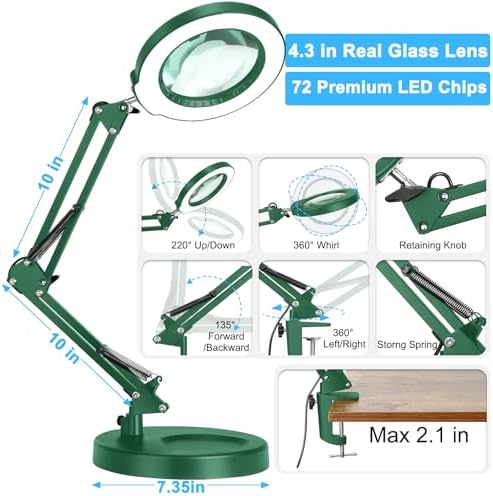 12X Magnifying Glass with Light and Stand, 5 Color Modes Stepless Dimmable 2-in-1 Lighted Magnifier with Clamp, LED Desk Lamp Hands Free for Crafts Hobby Reading Painting Sewing Close Work Green