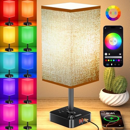 cozoo RGB Remote Bedside Lamp 16 Color Dimming for Nightstand Table Brown