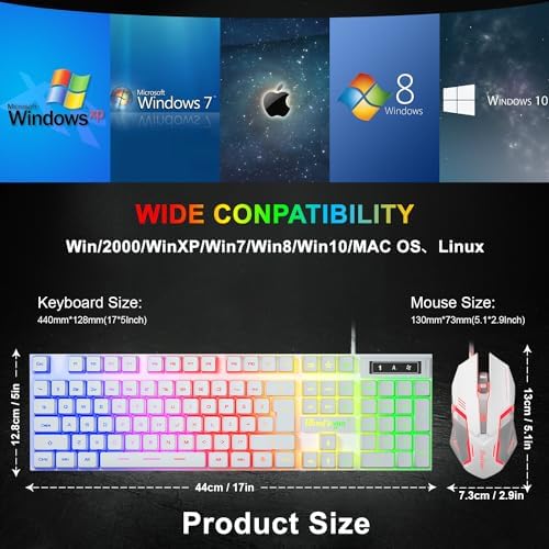 BlueFinger RGB Gaming Keyboard and Backlit Mouse Combo, USB Wired, LED Gaming Set for Laptop PC Computer Game and Work(White)