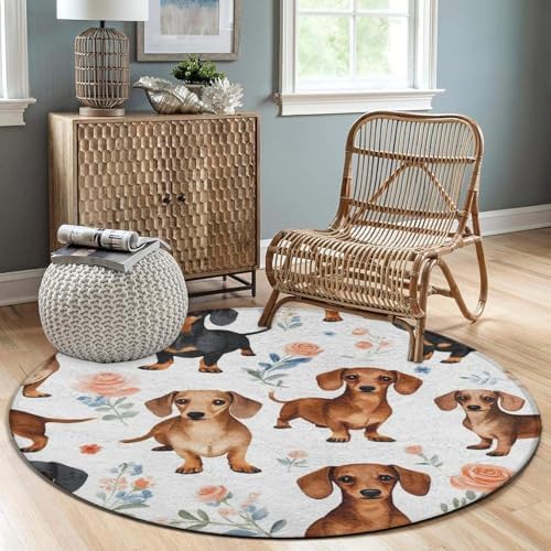 Large Home Decor Mat, Soft Round Yoga Carpet, Non Slip Machine Washable Kitchen Office Circle Rug Dachshund Wiener Dog