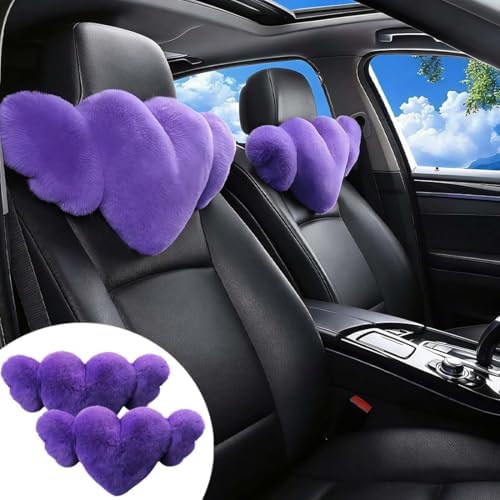 2 Pack Heart Shaped Plush Car Neck Pillows, Soft Car Headrest Cushion for Driving Travel Office Chair, Cute Cars Interior Decor Accessories for Women Girls(Violet)