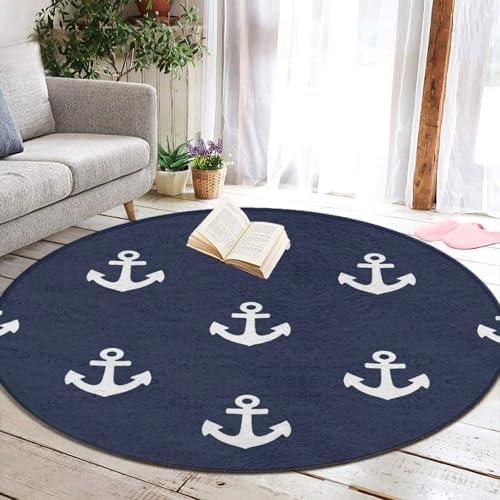 Room Sofa Yoga Soft Round Carpet, Home Decor Non Slip Kitchen Office Circle Rug, Machine Washable Modern Round Area Rug Nautical Anchor Navy