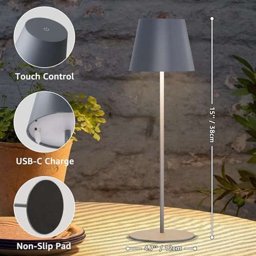 uuffoo 2 Pack Cordless Table Lamp Rechargeable 5000mAH Battery Operated Lights Touch Control LED Portable Desk Lamps 3 Color Dimming for Outdoor Coffee Bedroom Kitchen (Gray)