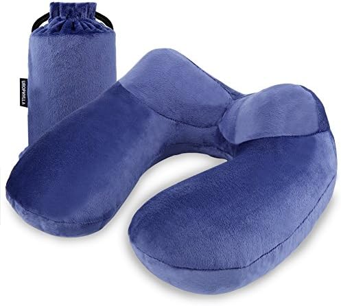 Inflatable Travel Pillow for Airplane, Soft Velvet Inflatable Travel Neck Pillow for Airplanes, Train, Car, Home and Office with Packsack & Comfortable Velvet - Blue