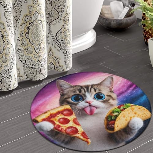 Large Machine Washable Circular Rugs, Home Decor Round Mat for Living Room Sofa Office Funny Cute Galaxy Cat Taco Pizza