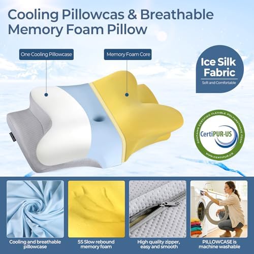Cervical Pillow for Neck Pain Relief, Ergonomic Neck Pillow for Sleeping, Contour Side Sleeper Pillow for Neck Support, Orthopedic Cooling Memory Foam Pillows for Back Stomach Sleepers (White & Blue)