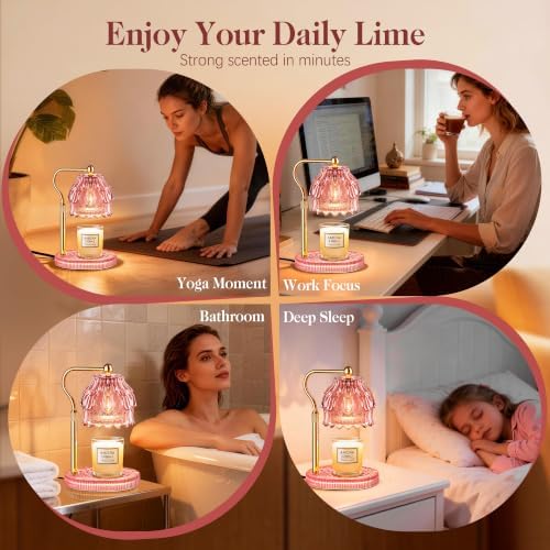 Candle Warmer Lamp with Timer Dimmer, Modern Wax Warmer for Scented Wax Jar Candle Warmer with 2 Bulbs, Adjustable Height Glass Lamp for Women, House Warming Gifts, Gold Pink