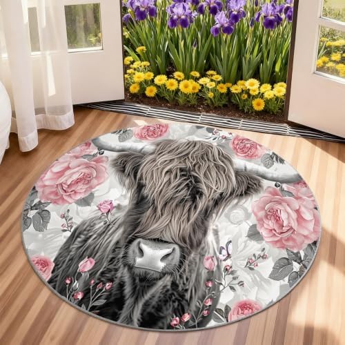 Highland Cattle Round Rug - 6ft Washable Highland Cattle Round Area Rug for Living Room, Country Flowers Circle Rugs Soft Non-Slip Carpet for Bedroom Dining Table Decor Mat