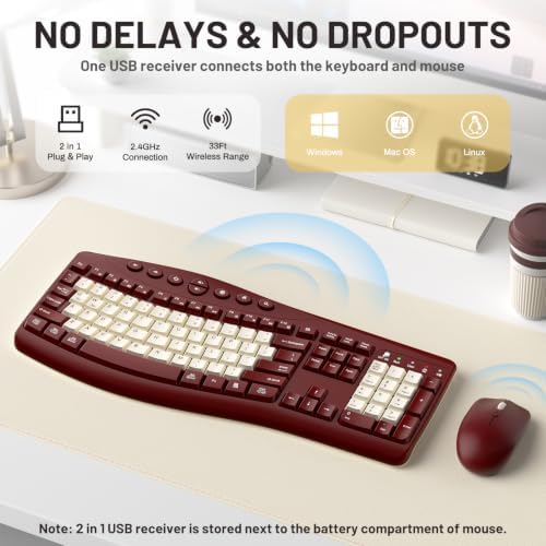 Wireless Keyboard and Mouse Combo Silent Ergonomic Curved Design for Office