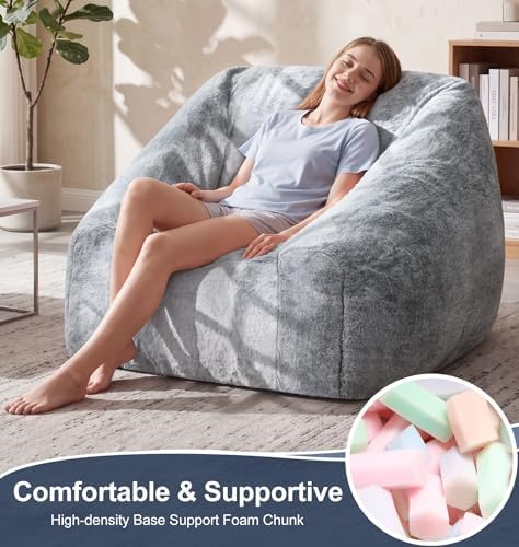 Hobestluk Bean Bag Chair Plush Accent Chair Armrest Living Room Adult Grey