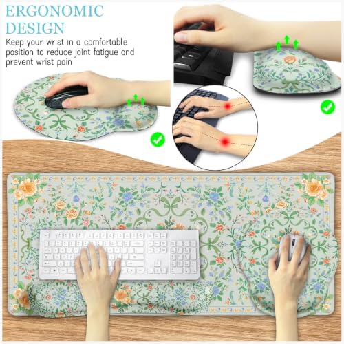 LIMKRIAN Floral Desk Mat Set, Cute Green Mouse Pad with Gel Wrist Rest