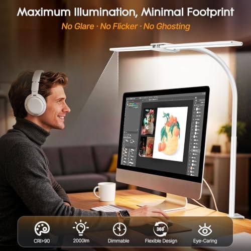 Syrinx LED Desk Lamp, Dual Head Desk Light with Clamp, Eye-Care Table Lamp