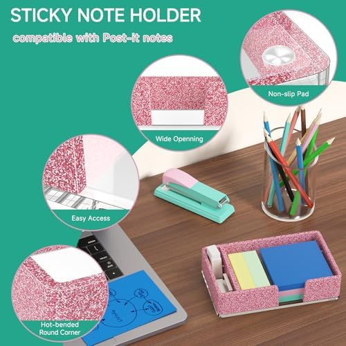 Sticky Note Holder with Pen Slot, Glitter Pink Acrylic Notepad Holder 4x6 in Self-Stick Note Dispenser Office Desk Accessories, Memo Pad Holder Organizer for Classroom School Supplies