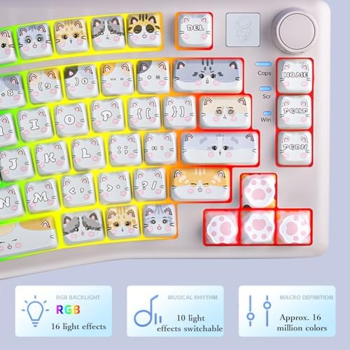 A75 Alice-Layout Mechanical Keyboard with Rocker and Knob,Hot Swappable Triple Mode Gaming Keyboard with Cute Cat Keycaps for Win/Mac,Gasket,RGB Backlight,4000mAh Battery (Moonlight White)