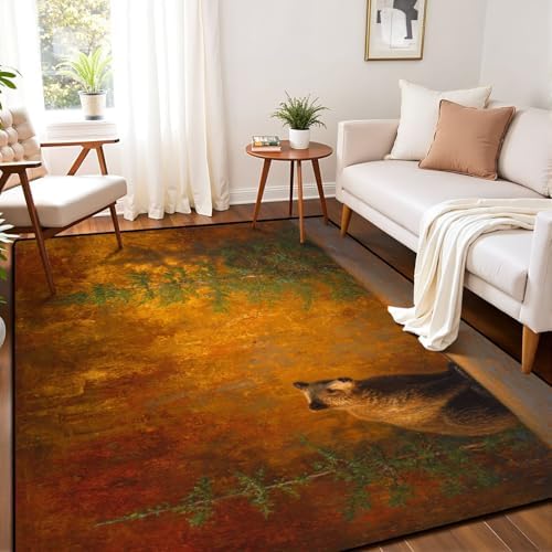 Calming Bear Forest Harmonious Warm Sunset Colors Area Rug Outdoor Patio Rug Play Mat Modern Floor Carpet Non-Slip Home Decor Living Room Kids Bedroom Nursery, 6x9 ft