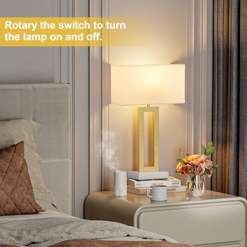 Seealle 22" Tall Bedroom Lamps for Living Room - Gold Bedside Lamps with Marble Base, Lamp for Nightstand with Knob Switch, Modern Night Stands Lamps for End Tables(White&Gold&Marble)