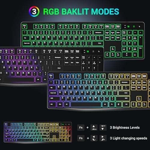 Wireless Keyboard and Mouse Combo, Lovaky 2.4G Full-Sized Ergonomic Keyboard Mouse, 3 DPI Adjustable Cordless USB Keyboard and Mouse, Quiet Click for Computer/Laptop/Windows/Mac (RGB Rainbow, 1 Pack)