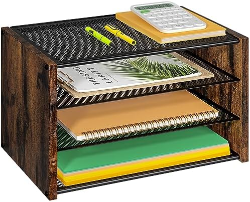 DAOUTIME 3-Tier Paper Letter Tray, Wooden Desk File Organizer, Stackable Metal Mesh Desk Organizer for Office Supplies. Small Paper Trays for Home Office School, Rustic Brown