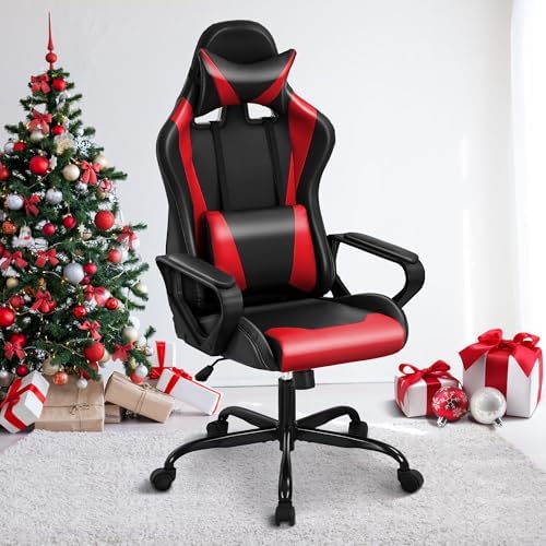 Red Gaming Chair PC Office Chair, High Back Computer Chair Gaming Chairs for Adults, Ergonomic Desk Chair Office Gaming Chair with Wheels, Reclining Gamer Chair, Adjustable Headrest Lumbar Support