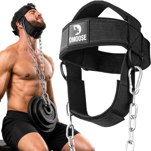 DMoose Fitness Neck Harness for Weight Lifting - Soft Padded Head & Chin Strap with 30" Heavy Duty Steel Chain - Neck Exerciser, Trainer & Strengthener to Support Injury Recovery and Intense Workouts